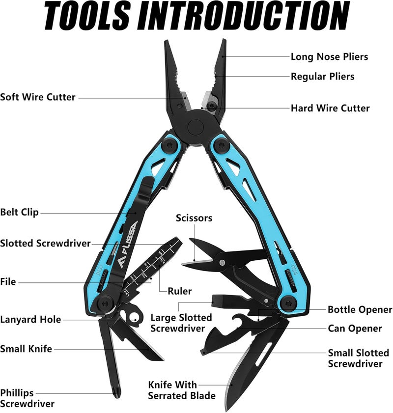 FLISSA 16-in-1 Multi Tool Pliers, Gifts for Men, Stainless Steel EDC Multitool with Pocket Knife, Belt Clip and Oxford Pouch, Self-locking Multipurpose Utility Multi-Tool for Camping Survival Outdoor - Image 3